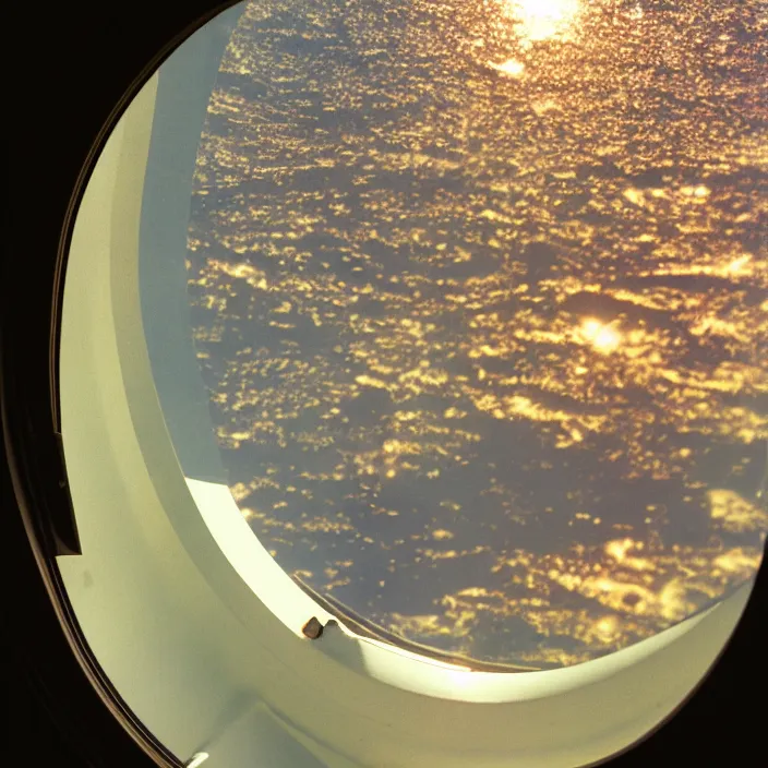Prompt: analogue photo of an African tribal chief looking out the porthole window of a spaceship, close-up, planet earth in porthole reflection, photo shot by martha cooper, 35mm,
