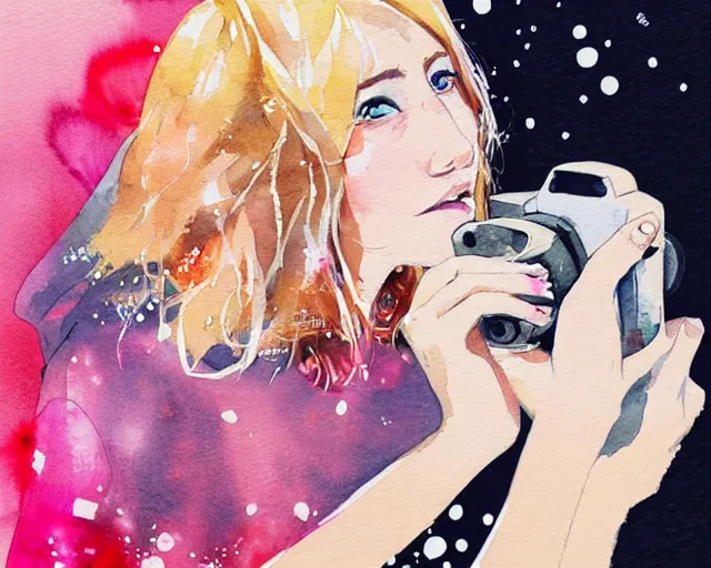 Image similar to pale young woman with bright blonde hair, freckles, bright eyes and a wide face, flowery dress, she is holding a professional dslr camera close to her face with her hands, expressive, emotional watercolor art by conrad roset