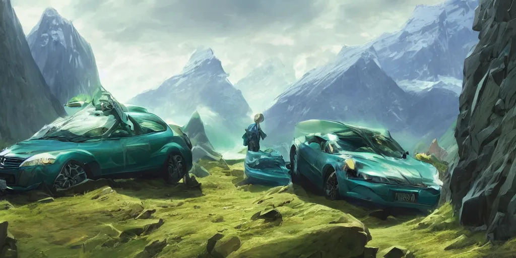 Image similar to wide angle, blue knight, green hatchback car, glacier landscape, norway, D&D, fantasy, intricate, elegant, highly detailed, digital painting, artstation, octane render, concept art, matte, sharp focus, illustration, hearthstone, art by Artgerm and Greg Rutkowski and Alphonse Mucha