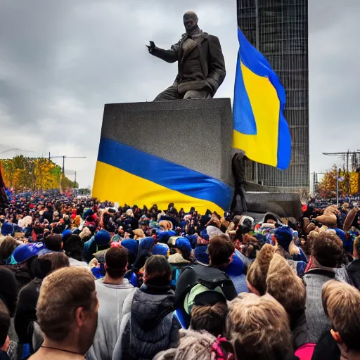 Image similar to a crowd of people with ukrainian flags destroy a statue of vladimir lenin, leica sl 2 5 0 mm, vivid color, high quality, high textured, real life