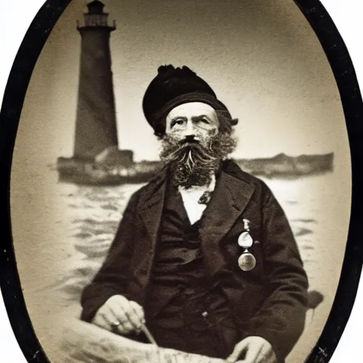 Prompt: portrait of an old sea captain smoking a pipe, daguerreotype, lighthouse in the background, piercing eyes