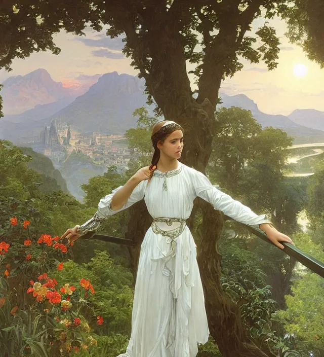 Image similar to intricate oil painting of a young alicia vikander with pointed ears wearing ornate white and light green dress with silver belt, looking out at sunrise over rivendell from her art nouveau balcony, elegant, digital painting, smooth, sharp focus, illustration, ultra realistic, 8 k, by bouguereau, alphonse mucha, artgerm, and donato giancola