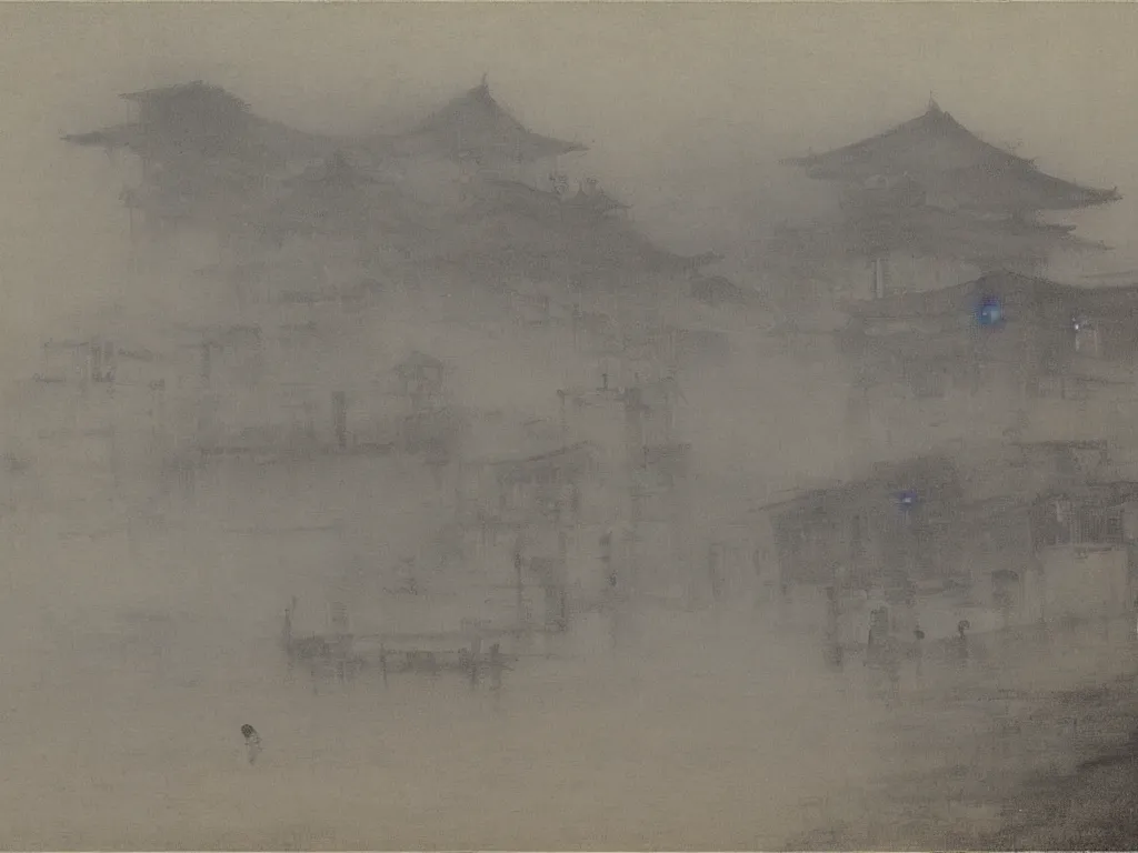 Prompt: View of the old Kyoto in the fog. Painting by Whistler