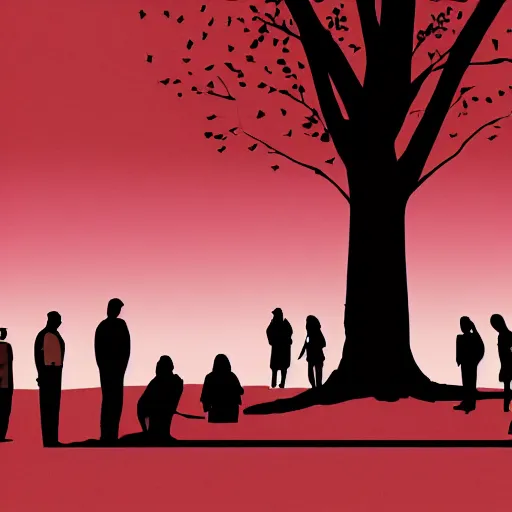 Image similar to a group of people in a park staring up at a gigantic tree, monochromatic, digital art, minimalistic