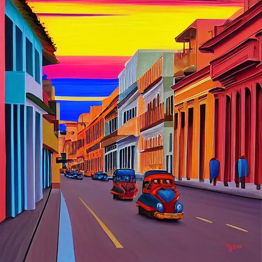 Image similar to constructivism painting of streets of Havana, Cuba, beautiful, diverse, golden hour