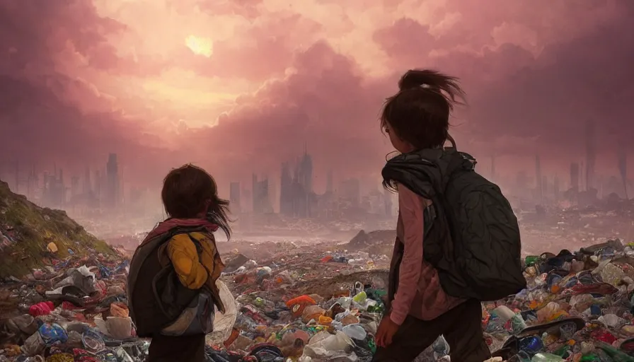 Image similar to poor detailed child with backpack looking for food at garbage dump, city is pure wasteland, moody sunset in background, greg rutkowski, alphonse mucha, trending on artstation, artgerm, unreal engine, breathtaking, award winning, highly detailed