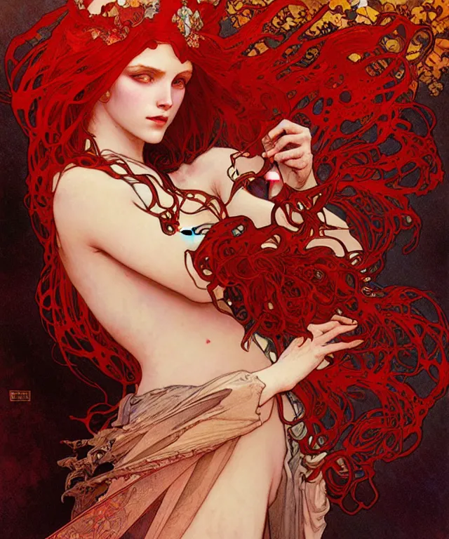 Prompt: a demonic princess with flowing red hair painting by alphonse mucha, greg ruthowski, detailed, henry ascensio, craig mullins, intricate and detailed