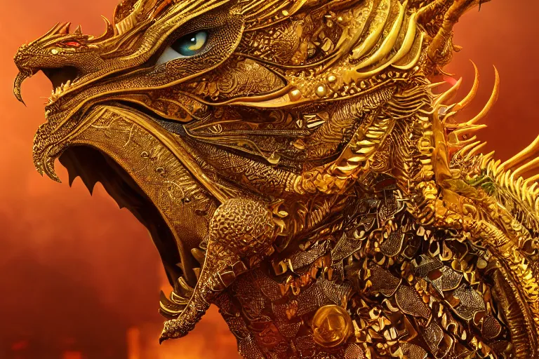 Image similar to cinematic closeup portrait of a golden dragon intricately decorated with jewels, sandstorm, detailed textures, dramatic lighting, unreal engine, cgsociety, artstation, 4k