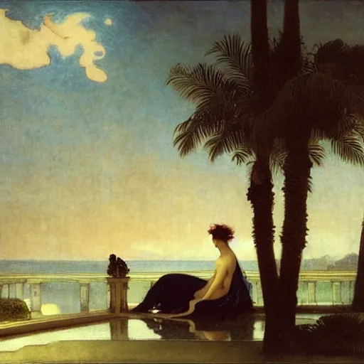 Prompt: Silhouette of two girls at the palace, thunderstorm, greek pool, beach and palm trees on the background major arcana sky, by paul delaroche, alphonse mucha and arnold böcklin arnold böcklin hyperrealistic 8k, very detailed