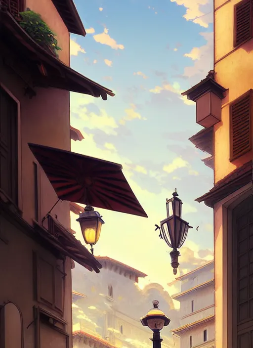 Image similar to florence italy in 1 8 2 0, a nightingale bird sits on a lamp - post at dawn, flowers in window boxes, finely detailed perfect art, gapmoe yandere grimdark, trending on pixiv fanbox, painted by greg rutkowski makoto shinkai takashi takeuchi studio ghibli