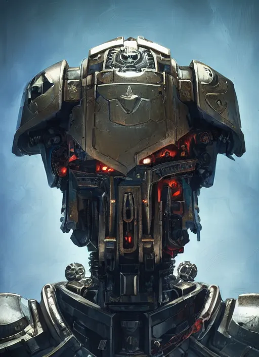 Image similar to hyper realistic portrait of warhammer android machine symmetric cinematic, chaos marine, artstation, cgsociety, full head, greg rutkowski, james gurney, mignola, craig mullins, brom