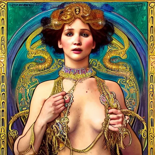 Prompt: realistic detailed dramatic symmetrical portrait of Jennifer Lawrence as Salome dancing, wearing an elaborate jeweled gown, by Alphonse Mucha and Gustav Klimt, gilded details, intricate spirals, coiled realistic serpents, Neo-Gothic, gothic, Art Nouveau, ornate medieval religious icon, long dark flowing hair spreading around her