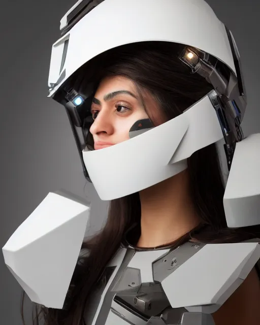 Image similar to centered medium shot fine studio photograph of a beautiful persian girl wearing only a mecha electronic zoroastrian helmet with led lights, ultra-realistic, white background, 8k HDR, intricate detail