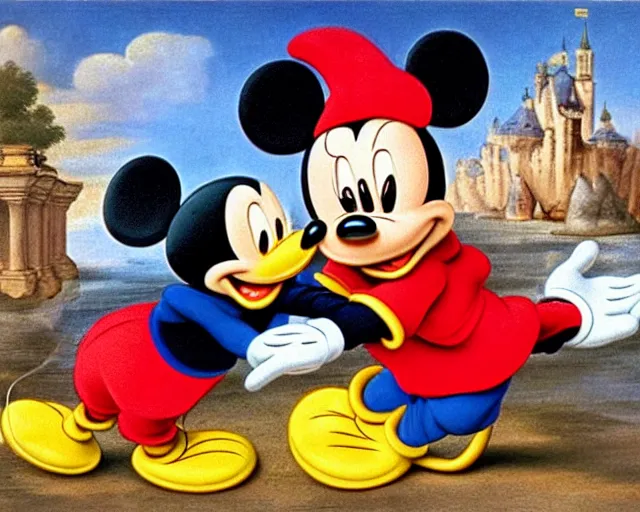 Image similar to renaissance style painting of Mickey Mouse and Donald Duck