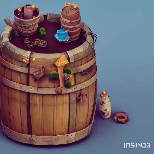 Image similar to isometric 3 d fantasy cute barrel, smoth 3 d illustration, cinematic matte painting, soft render, servando lupini, handpaint texture, blender, 3 dcoat