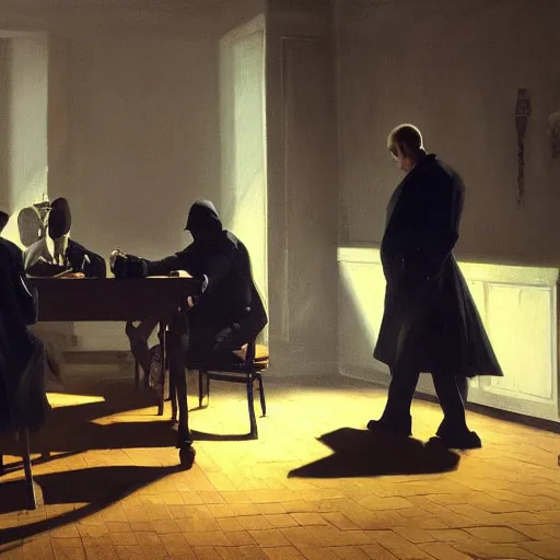 Image similar to covert shadow figures of men in a dark room with a chequered floor conversing around a table in secrecy, moody and atmospheric, dramatic scene, dimly lit room, cgsociety, 8k resolution, trending on artstation, octane render by Quint Buchholz, Pieter Claesz and edward hopper