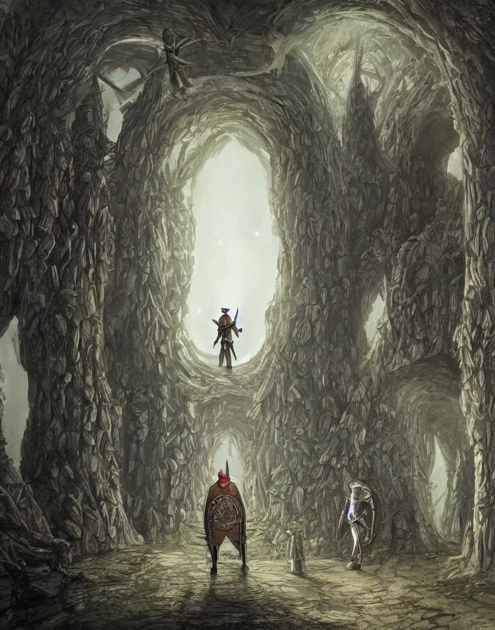 Prompt: a knight in a medieval suit of armor next to an elf wizard walking through a surrealist dimensional gateway that leads into rivendell in the style of john howe