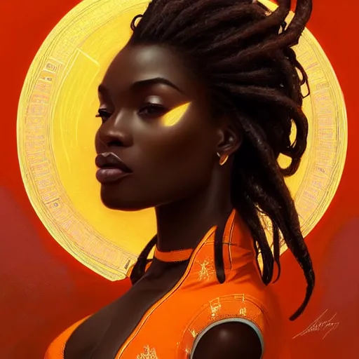 Image similar to portrait of very very very very very very beautiful african woman, spacesuit, orange eyes, intricate, elegant, highly detailed, digital painting, artstation, concept art, smooth, sharp focus, illustration, art by artgerm and greg rutkowski and alphonse mucha