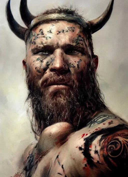 Image similar to portrait painting of viking berserker with a dinosaur tattoos, by jeremy mann, only one head single portrait