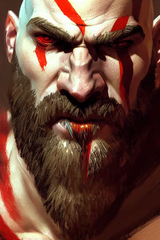 Image similar to god of war kratos face detailed portrait dnd, painting, brush strokes by gaston bussiere, craig mullins, greg rutkowski, yoji shinkawa