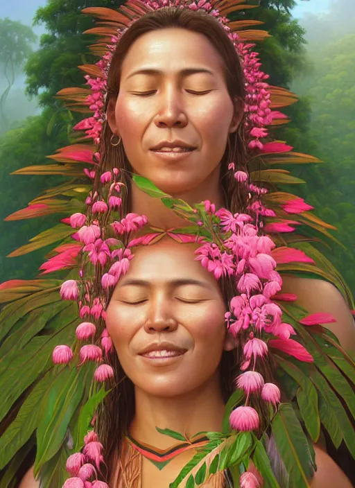 Image similar to a beautiful portrait of a smiling indigenous woman with eyes closed in the amazon jungle surrounded by pink calliandra angustifolia flowers, matte painting, by christophe vacher