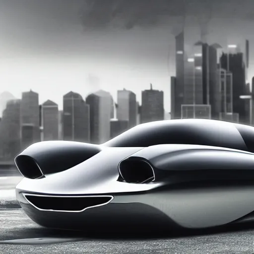 Image similar to car and driver photo, a sleek futuristic powerful shiny metalic hovercar modeled after a 1 9 7 0's dodge charger with giant intake valves, flying at high speed through a futuristic brutalist detroit cityscape, stark, moody, ray - traced lighting and reflections, atmospheric fog, light beams