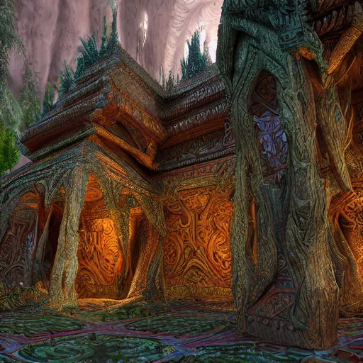 Prompt: Photorealistic magic elven temple made of intricately woven birch woodwork. Hyperdetailed photorealism, 108 megapixels, amazing depth, glowing rich colors, powerful imagery, psychedelic Overtones, 3D finalrender, 3d shading, cinematic lighting, artstation concept art