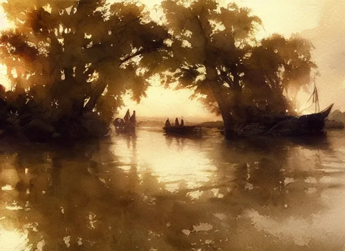 Prompt: watercolor of calm river with wooden boat, stone bridge, art by anders zorn, wonderful masterpiece by greg rutkowski, beautiful cinematic light, american romanticism by greg manchess, creation by tyler edlin