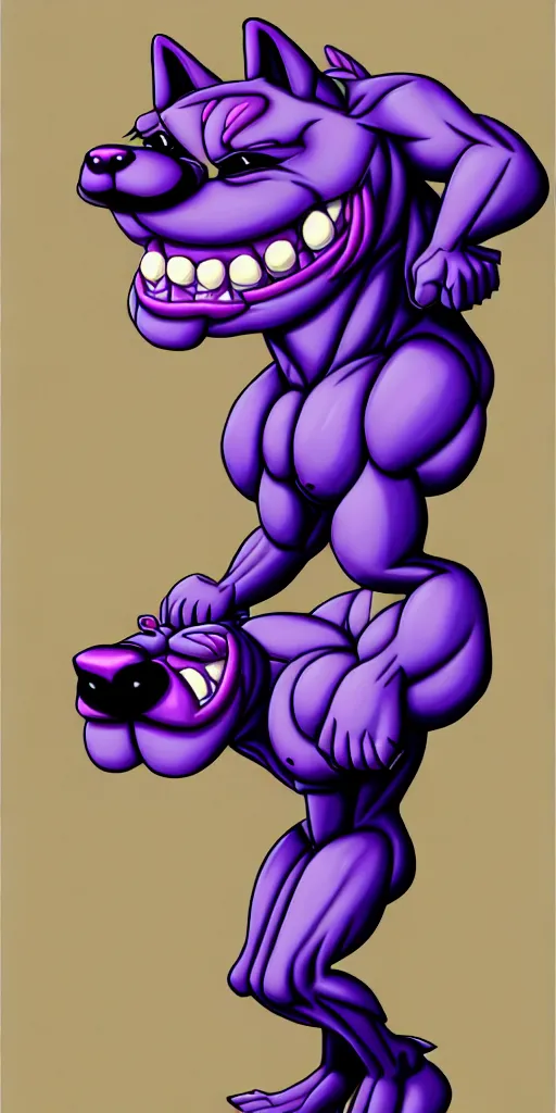 Image similar to painting of an anthropomorphic bulky muscular purple dog, furry style, wearing jeans, deviant art, fursona, professional furry drawing, insanely detailed, bulky dog face, detailed veiny muscles, exaggerated features, beautiful shading, huge white teeth, grinning, standing in a street, flexing and posing, full body, wearing ragged jeans