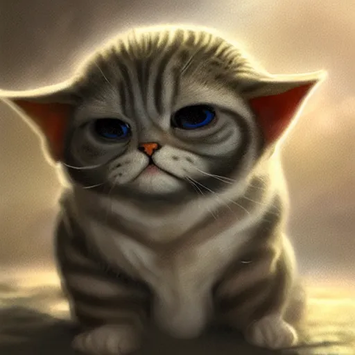 Image similar to scottish fold cat/yoda, magic the gathering artwork, D&D, fantasy, cinematic lighting, centered, symmetrical, highly detailed, digital painting, artstation, concept art, smooth, sharp focus, illustration, volumetric lighting, epic Composition, 8k, art by Akihiko Yoshida and Greg Rutkowski and Craig Mullins, oil painting, cgsociety