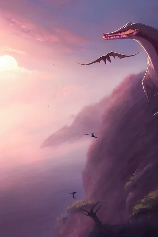 Image similar to a large pterosaur creature hybrid kaiju, large fangs and a long beak, stepping out of the fog high in the sky near a small cliff, sunset, backlit, by makoto shinkai an krenz cushart