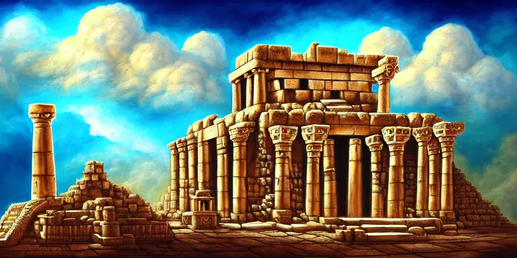 Image similar to illusion painting hidden temple in negative space in the clouds : an adorable small fox in the huge ruins of the second temple in jerusalem. a new temple is hiding in the dreamy clouds above. a hooded bearded old man in a brown tunic laughing, colorful 8 k, art station, intricate superb details, digital art, illusion painting hidden image.