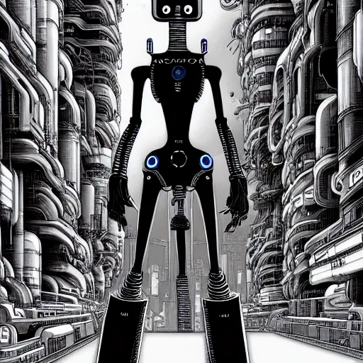 Image similar to portrait bender from futurama in futuristic city, by tsutomu nihei, by h. r. giger