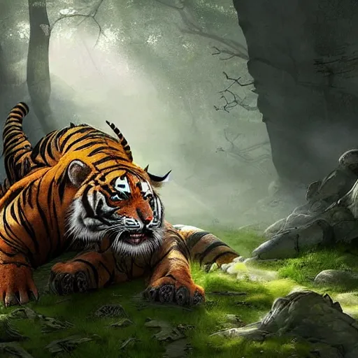 Prompt: a dragon and a tiger hybrid in the forest, dynamic lighting, photorealistic concept art, stunning visuals, creative, cinematic, ultra detailed, best detail