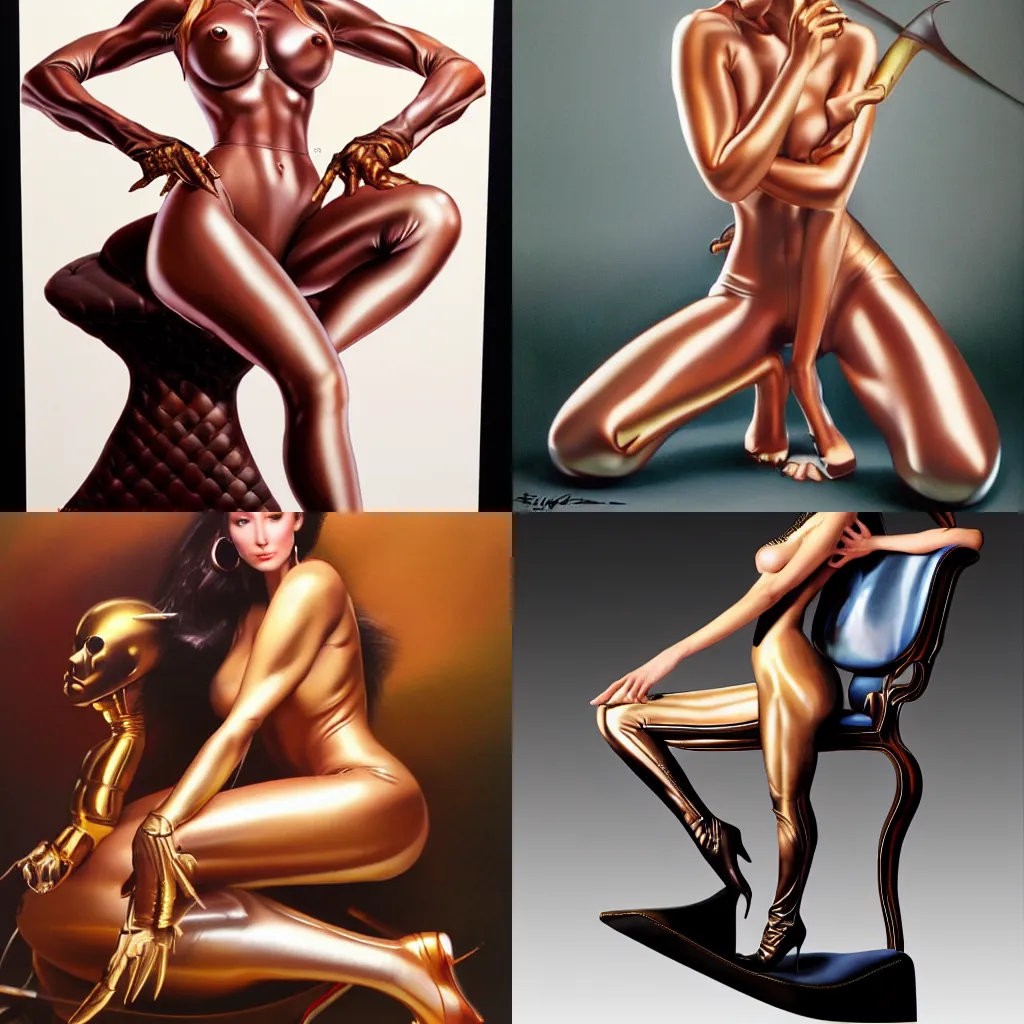 Prompt: a realistic airbrush painting of a nice looking girl with beautiful forms and skin-tight shiny leather leggings sitting with wide spread legs over a fantasy throne, in style by hajime sorayama and boris vallejo, trending on artstation, 4K
