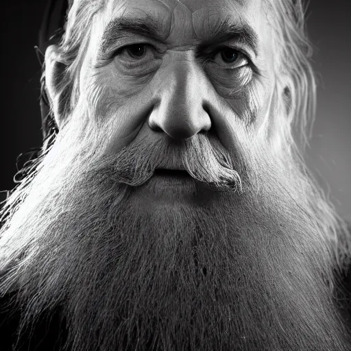 Image similar to a closeup black and white studio photographic portrait of gandalf, dramatic lighting