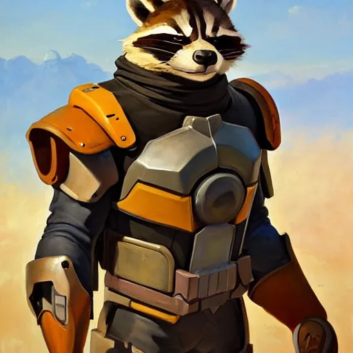 Image similar to greg manchess portrait painting of armored rocket raccoon as overwatch character, medium shot, asymmetrical, profile picture, organic painting, sunny day, matte painting, bold shapes, hard edges, street art, trending on artstation, by huang guangjian and gil elvgren and sachin teng