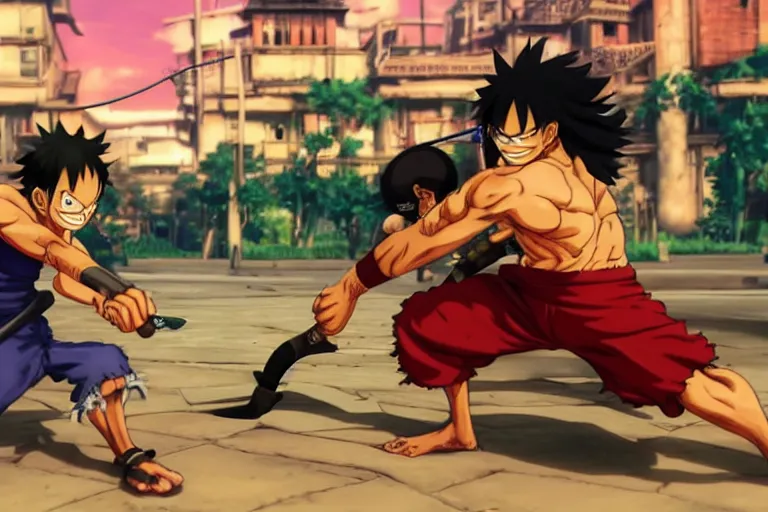 Prompt: Monkey D. Luffy and Roronoa Zoro fighting in Street Fighter V (2016)
