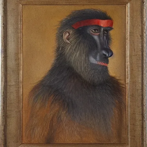 Image similar to An exquisite oil painting of a mandrill baboon dressed like Prince Philip with a lovely beard