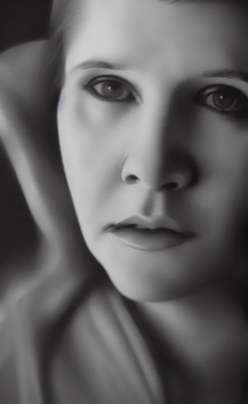 Image similar to a portrait of young carrie fisher, in the style of gottfried helnwein, dirk dzimirsky, gustave courbet, dramatic studio lighting, 3 5 mm f 1. 4 lens depth of field, octane render 8 k