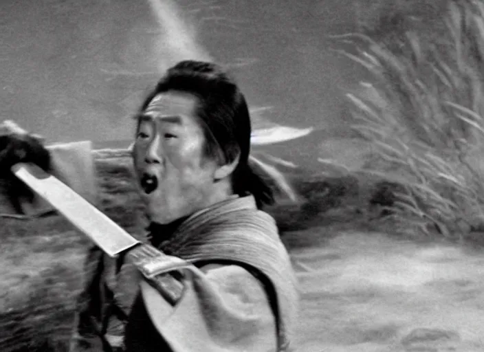 Prompt: a movie still of a samurai slicing through a loaf of bread with a smurai sword, a movie by Akira Kurosawa