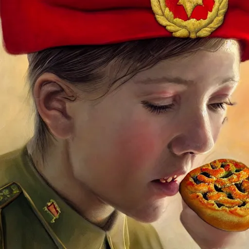 Image similar to high detail portrait oil painting illustration of beatiful girl as soviet red army soldier eating hot baked bun by justin sweet with face and body clearly visible, in a scenic background, pupils visible, realistic proportions, d & d, rpg, forgotten realms, artstation trending, high quality, sombre mood, artstation trending, muted colours, entire person visible!