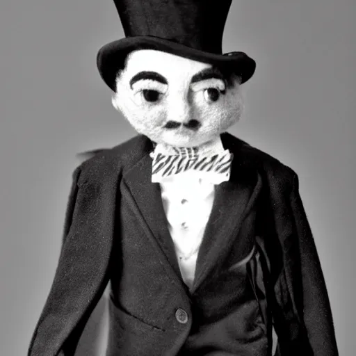 Image similar to black and white mugshot of a male doll, bill murray, he is wearing a top hat, wearing bandit mask, bow tie bandit