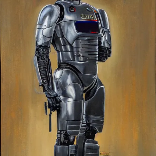 Prompt: joe biden as robocop, realistic oil painting, style of norman rockwell, 8 k, super sharp, ultra detail, rule of thirds,