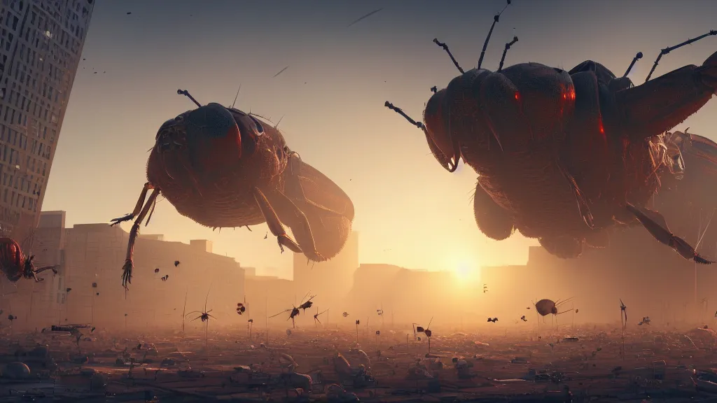 Prompt: giant insects crush a hospital, hyperdetailed, artstation, cgsociety, golden hour 8k