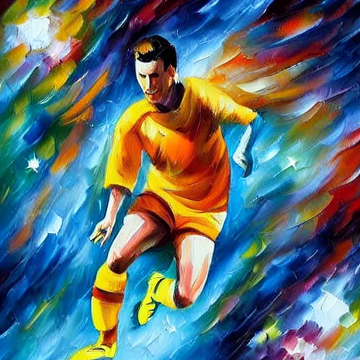 Image similar to a painting of an astronaut playing soccer in a cosmic scenic environment by Leonid Afremov