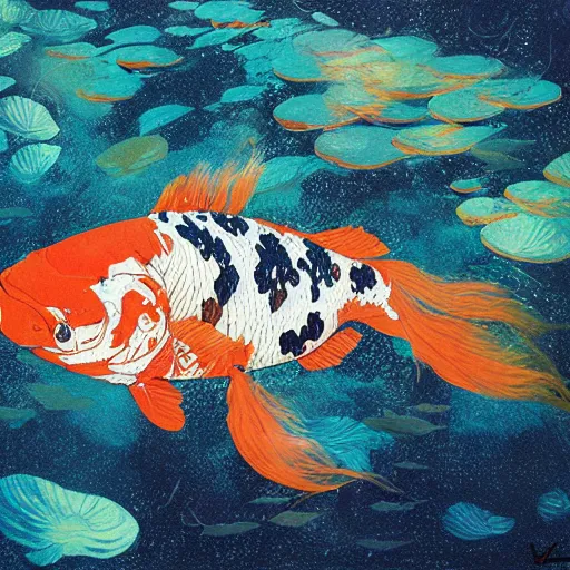 Image similar to giant koi carper in a magical underwater world, oil painting victo ngai