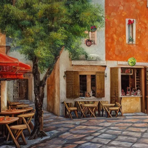 Image similar to a traditional pizzeria in the street of a small village on the riviera. a terrace in the shade of a hundred - year - old olive tree, a friendly atmosphere around pizzas and rose wine. dolce vita. unreal engine rendering, hyper realist, ultra detailed, oil painting, warm colors, happy, impressionism, da vinci, 4 k,