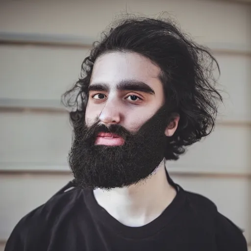 Image similar to The face of a white, black-haired teenager with a half beard on only one side of his face, looking at the camera, under white and yelllow balls, profile picture.