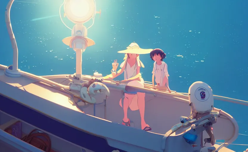 Prompt: a movie still from a space opera studio ghibli animation of a cute woman on a fishing boat wearing a sunhat, studio ghibli, pixar and disney animation, sharp, rendered in unreal engine 5, anime key art by artgerm and pascale campion, beautiful dramatic lighting